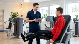 Ein Trainer berät einen Patienten auf einem Fitnessgerät in einem hellen, modernen Reha-Zentrum.