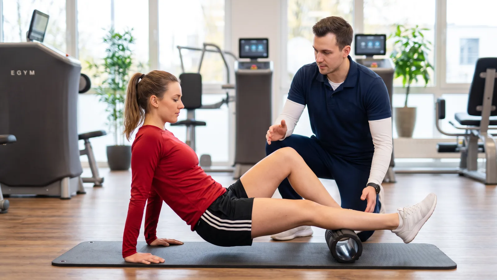 Aktiv Gesundheit fördern: Ein Trainer hilft einer Frau beim Faszientraining, um aktiv Gesundheit zu fördern.