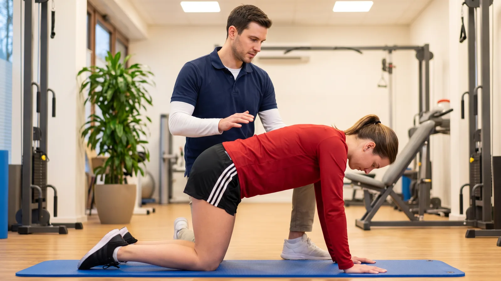 Ein Physiotherapeut leitet eine Patientin bei einer Übung gegen Akute Rückenschmerzen an.