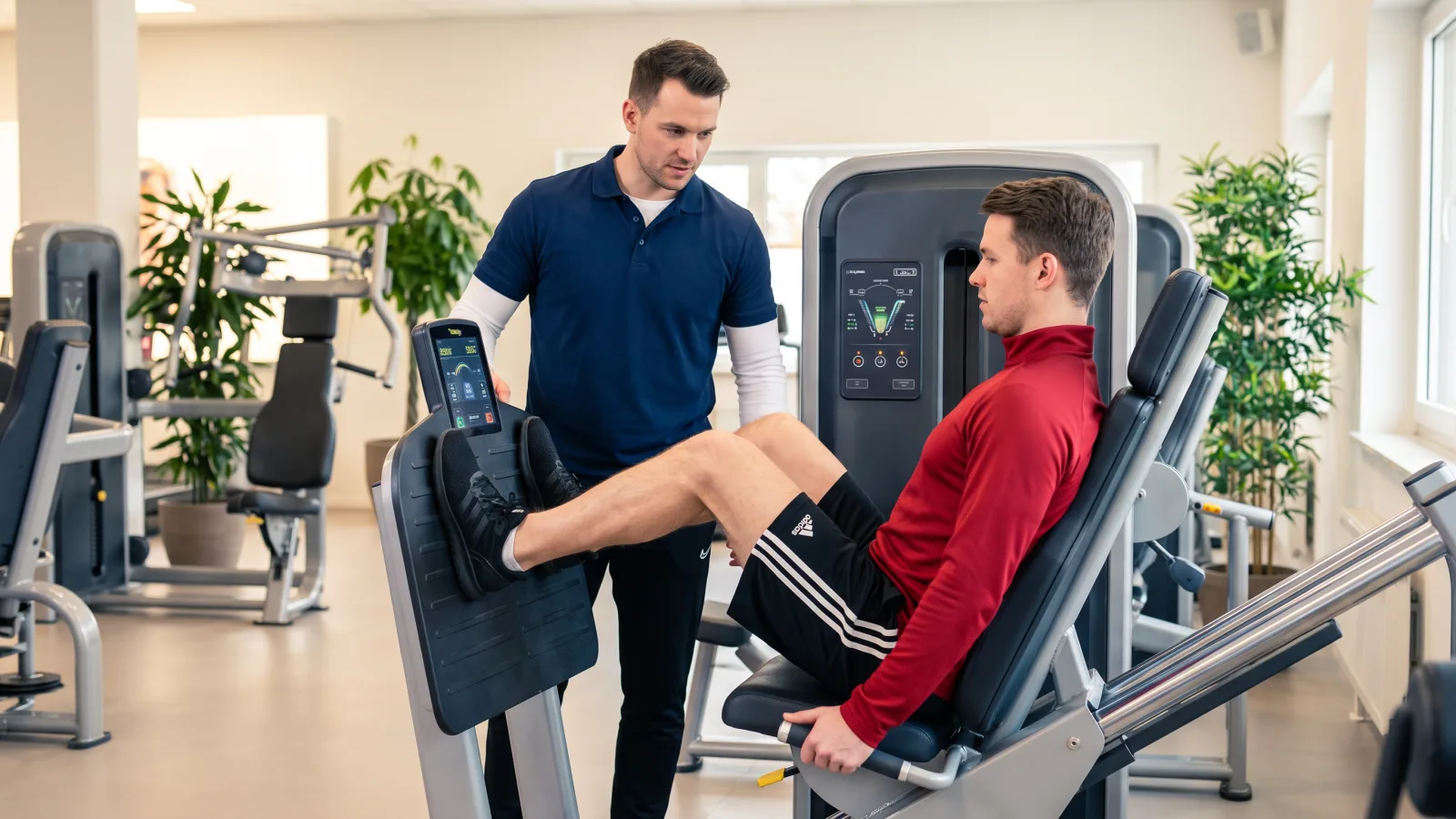 Ein Trainer leitet einen Klienten an einer Beinpresse in einem Fitnessstudio an, was die Bedeutung von Fitness und Gesundheit unter professioneller Anleitung unterstreicht.