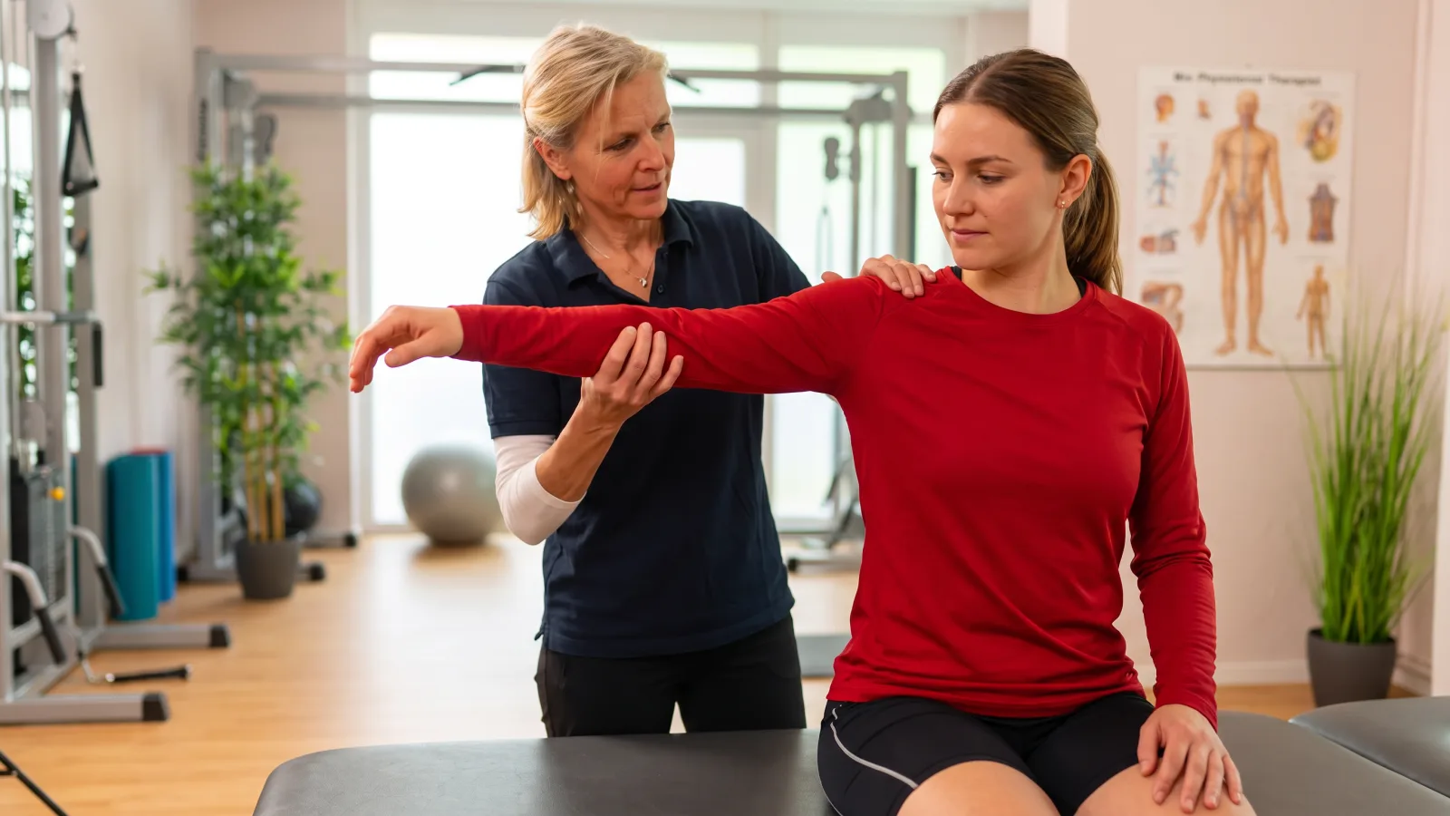 Eine Physiotherapeutin hilft einer Patientin bei Übungen gegen Arm Muskel Schmerzen.