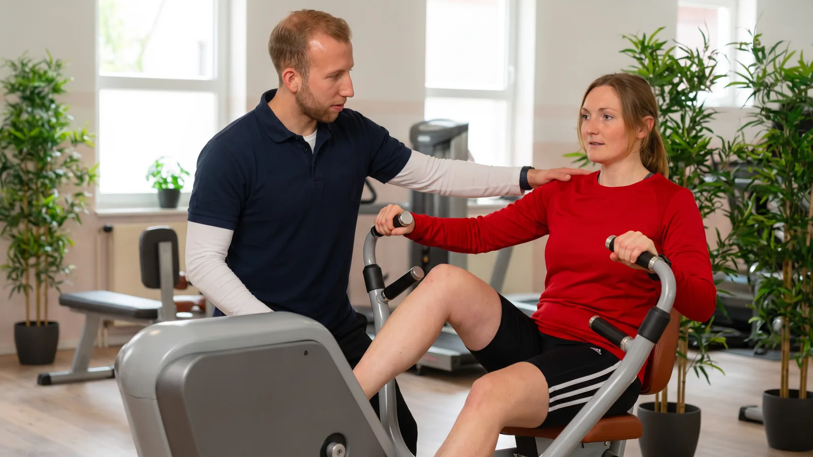 Ein Physiotherapeut unterstützt eine Patientin bei einer Übung an einem Trainingsgerät zur Linderung von Bein und Arm Schmerzen.