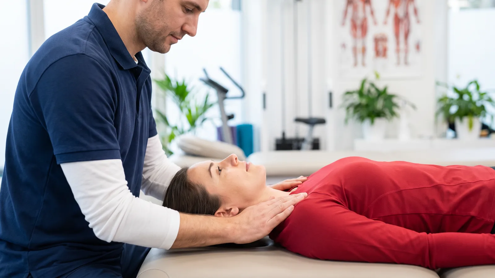 Ein Physiotherapeut behandelt eine Patientin wegen Kopf Nacken Schmerzen, indem er ihren Nacken und ihre Schultern massiert.