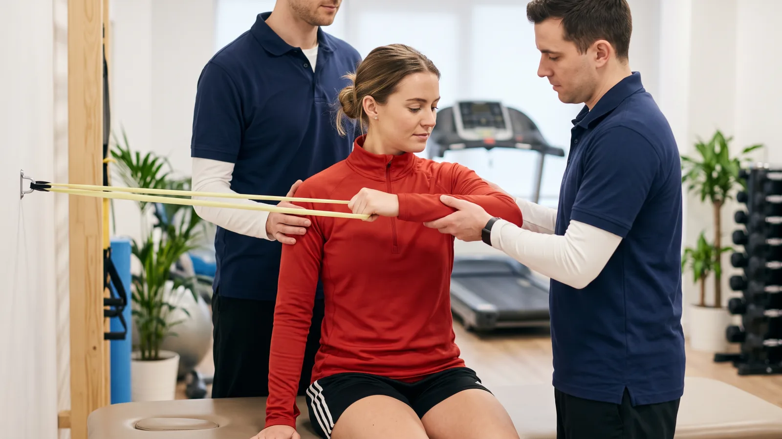 Eine Frau erhält Physiotherapie für Schmerzen Oberarm, unterstützt von zwei Therapeuten, die ihr bei Übungen mit einem Widerstandsband helfen.
