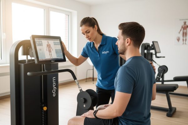 Eine Trainerin des Physioaktiv Sportsclub erklärt einem Mann die Funktionen eines eGym-Trainingsgeräts mit digitaler Anzeige. EGYM Training Bad Schwartau.