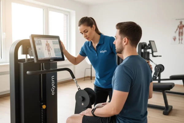 Eine Trainerin des Physioaktiv Sportsclub erklärt einem Mann die Funktionen eines eGym-Trainingsgeräts mit digitaler Anzeige. EGYM Training Bad Schwartau.